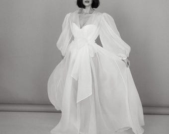 Tulle Bridal Robe with Train. Sheer Bride Getting Ready Lingerie Cape