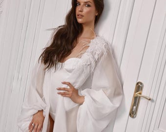 Tulle Bridal Robe with Feathers and Puffy Sleeves.