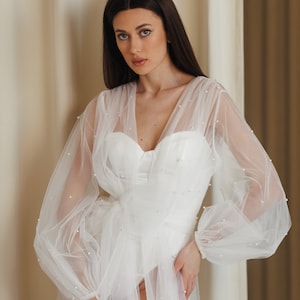 Mesh and Pearl Bridal Robe. Long Ivory Robe for Bride Getting Ready. Custom Fit.