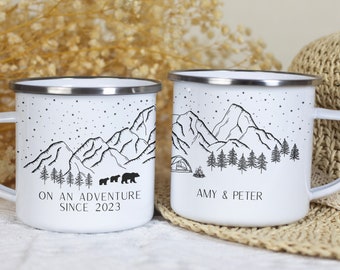 Custom Camping Mug, Personalized Enamel Campfire Mug, Mountain Mug, Hiking Gift Adventure Mug, Camp Mug Gift For Camper Tin Mug Wedding Gift