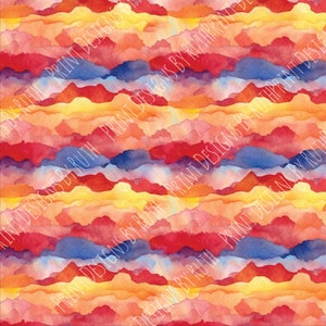 May include: Abstract watercolor pattern featuring a repeating design of layered, overlapping shapes in shades of red, orange, yellow, and blue. The colors blend together to create a soft, dreamy effect, reminiscent of a sunset or sunrise.