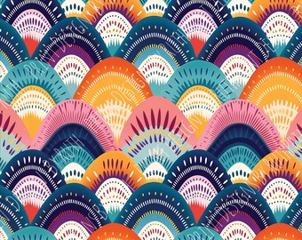 Pode incluir: Um padrão colorido de semicírculos sobrepostos em tons de azul, turquesa, rosa, laranja, amarelo e roxo. O padrão lembra escamas de peixe ou um mosaico.