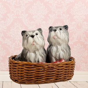 Vintage Kitsch Ceramic Dog Salt & Pepper Shakers in Basket