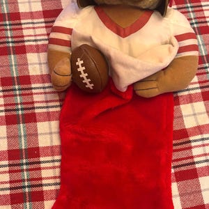 May include: A plush teddy bear wearing a football helmet and jersey, holding a football, and attached to a red stocking. The stocking has a brown patch with "FLORIDA STATE UNIVERSITY" printed on it. The background is a red and white plaid pattern.