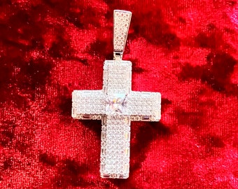 Real Solid 925 Sterling Silver Channel-set CZ Tennis Cross Hip Hop ...