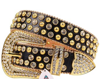 Black belt with gold studs and rhinestones Vintage 80s 90s Studded Western Cowboy Rocker Leather Belt  main image 2