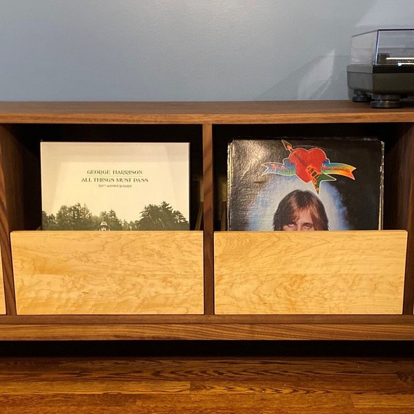 Mid Century Record Storage Cabinet, Front Loading Drawers, Walnut and Maple