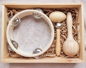 Musical wooden toys in keepsake tray [Minnie] | Natural Montessori music instrument gift set for children