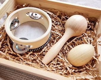 Musical wooden toys in keepsake tray [Millie] | Natural Montessori educational music instrument gift set for children