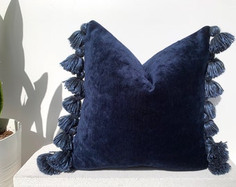 navy fringe pillow
