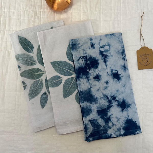 Indigo Tea Towel, Kitchen Towel - Individual or Set, Naturally & Botanically Dyed with Plants, Shibori and Eco-printed