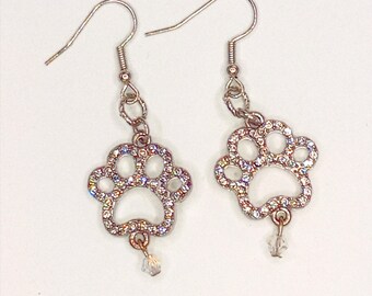 VENTE ! Boucles d'oreilles en cristal avec empreinte de patte, prêtes à être expédiées ! Excellent cadeau pour un anniversaire, la fête des mères, Noël, la Saint-Valentin