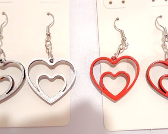 VENTE ! Boucles d'oreilles en bois double coeur ARGENT, prêtes à être expédiées ! Coffret cadeau gratuit ! Un super cadeau pour la Saint-Valentin !