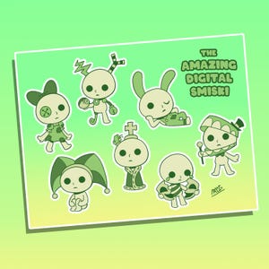 May include: A digital illustration featuring seven light green cartoon characters on a gradient background. The text THE AMAZING DIGITAL SMISKI is printed in the upper right corner. Each character displays unique features like hats, costumes, and accessories.