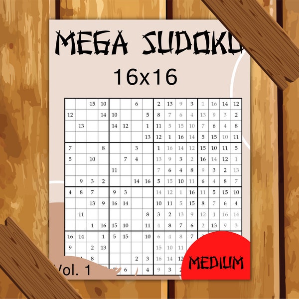 Mega Sudoku 16x16 Grid, 300 Medium Level Puzzles Printable PDF