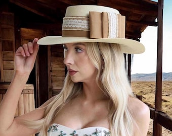 Elegante sombrero de paja de verano con encaje y perlas – Sombrero de ala ancha para fiestas en el jardín para mujer