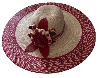 Beige und Rot Stroh Sommerhut mit Blume - Breiter Krempe Garten Party Hut für Frauen