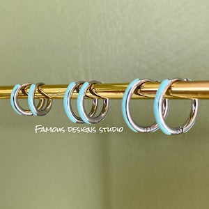 Turquoise Hoop Earrings, Silver Turquoise Huggies, Blue Enamel Huggies, Mini Hoops, Blue Hoops, Silver Blue Hoop Earrings, Silver Clicker