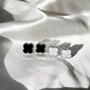 Silver Four Leaf Clover Earrings, Mother of Pearl White Clover Earrings,Black Clover Studs, Silver Clover Studs, Birthday Gift for her