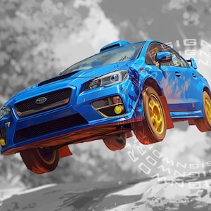 Subaru WRX STI Sammlung Digitale Kunst - Blaues Sammlungsauto, das im Wald springt | Digitaler Download | JDM Auto Wand Kunst | Poster für Autoliebhaber