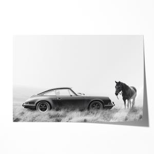 Vintage Porsche 911 and horse Print: Black and White Sports Car Photography Bild 5