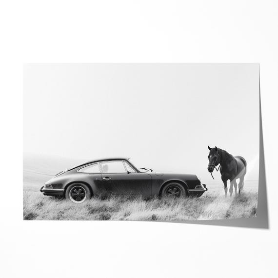 Vintage Porsche 911 and horse Print: Black and White Sports Car Photography