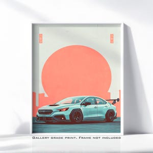 Subaru WRX Poster – JDM Sports Car Wall Art Print, Widebody Street Racer Illustration, Retro Japanese Sunset Style