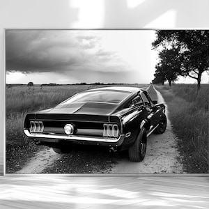 Classic Ford Mustang Fastback black and White poster - Classic Car Decor- Automotive gifts- 1968 Ford Mustang GT gift