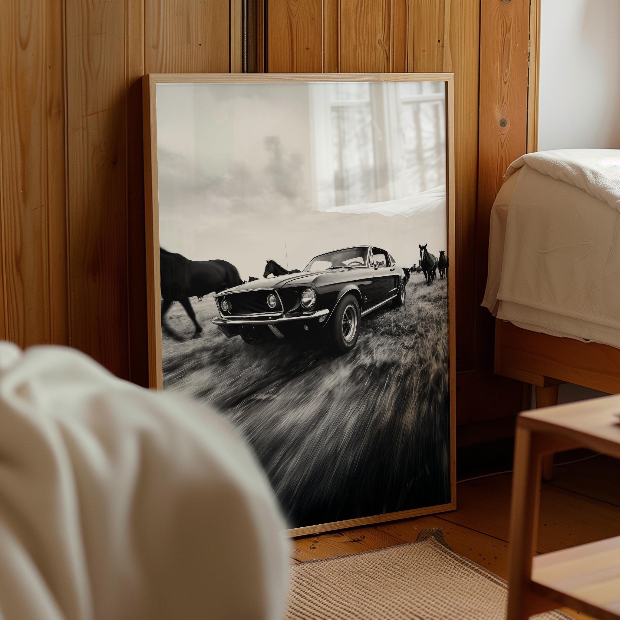 Classic Mustang & Running Horses Print – Black and White Muscle Car ...