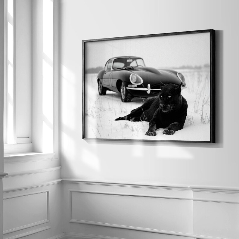 May include: Black and white framed print featuring a black panther lying in the snow with a vintage black car in the background. The print is displayed on a white wall.