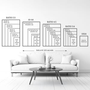 May include: Image showing various rectangular art print sizes and ratios, including 24x36 inches, 20x30 inches, and others. The text indicates the sofa is 84 inches wide. The image is a guide for art print dimensions.