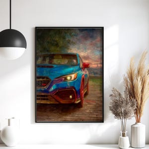 Subaru WRX Oil Painting Print – Blue Performance Car at Sunset | Sport Sedan Wall Art for Auto Enthusiasts