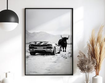 Lamborghini Poster, Black and White Art, Italian Supercar Wall Decor, Raging Bull Print