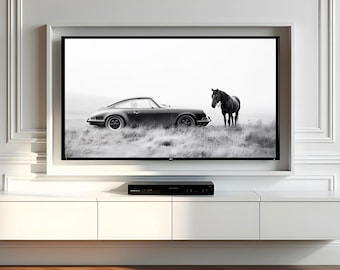 Porsche 911 mit Pferd: Minimalistisches Auto Poster (Digitaler Download) 2 in 1