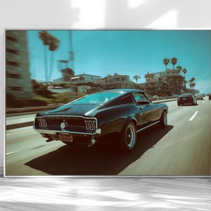 67 Mustang Fastback on PCH Poster - Classic Muscle Car Wall Art - Classic Mustang driving on PacificCoastHighway Luxury print