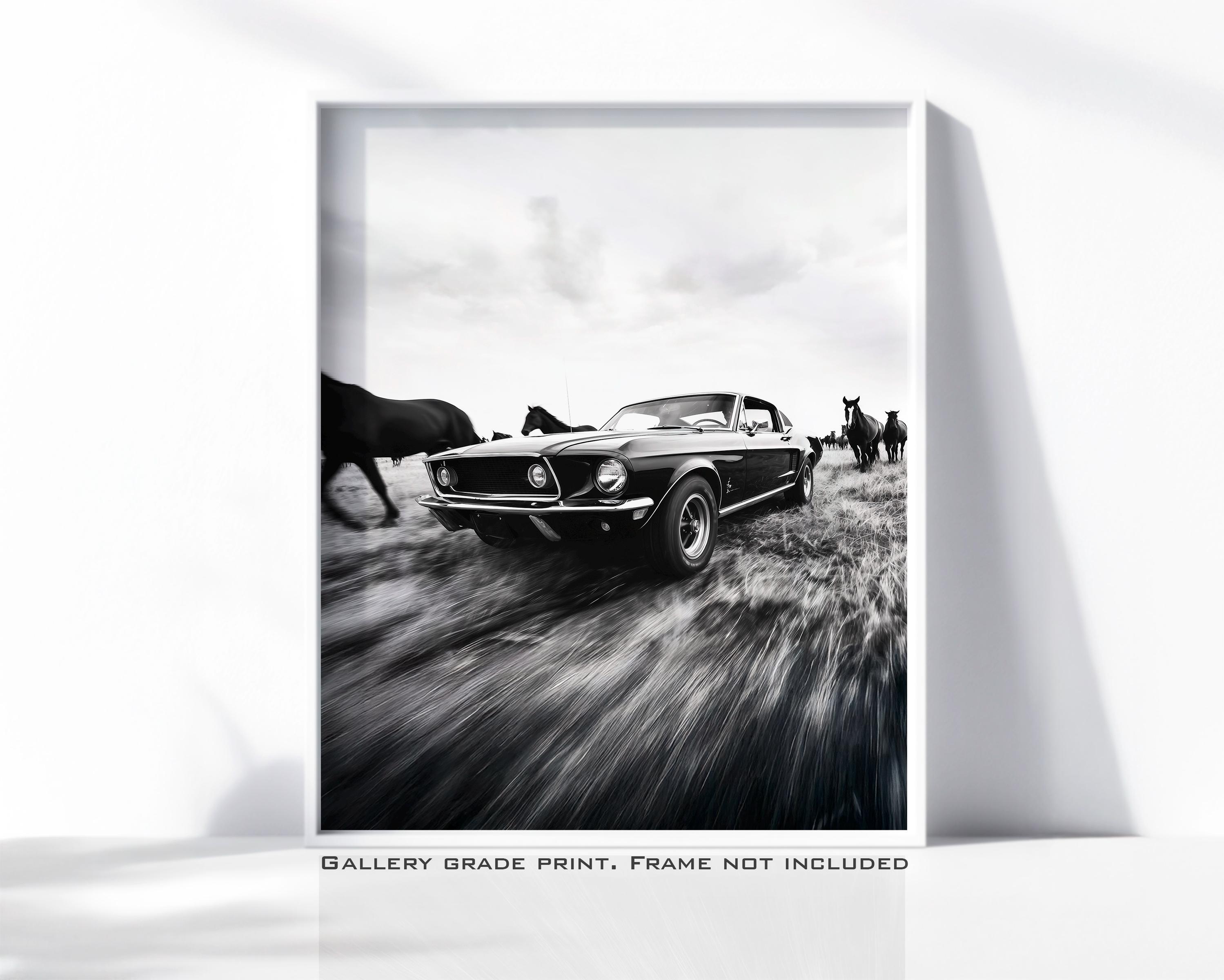 Classic Mustang & Running Horses Print – Black and White Muscle Car ...