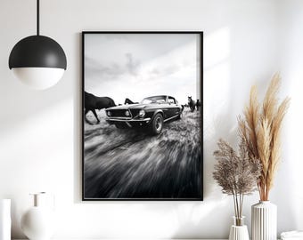 Classic Mustang & Running horses Print – Black and White Muscle Car Wall Art