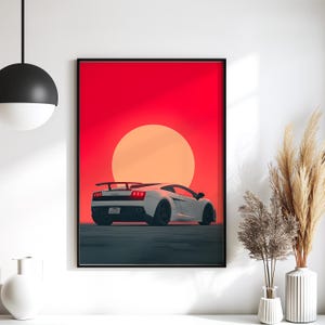 Lamborghini Gallardo Poster – Supercar Art Print, Rear View Sunset Illustration, Minimalist Exotic Car Wall Decor
