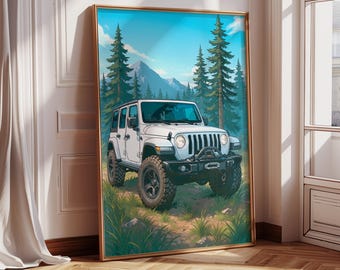 White Jeep Wrangler Art Print: Forest Mountain Trail Decor