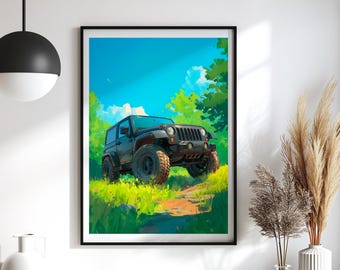 Black Jeep Wrangler Art Print: Anime Off-Road Adventure