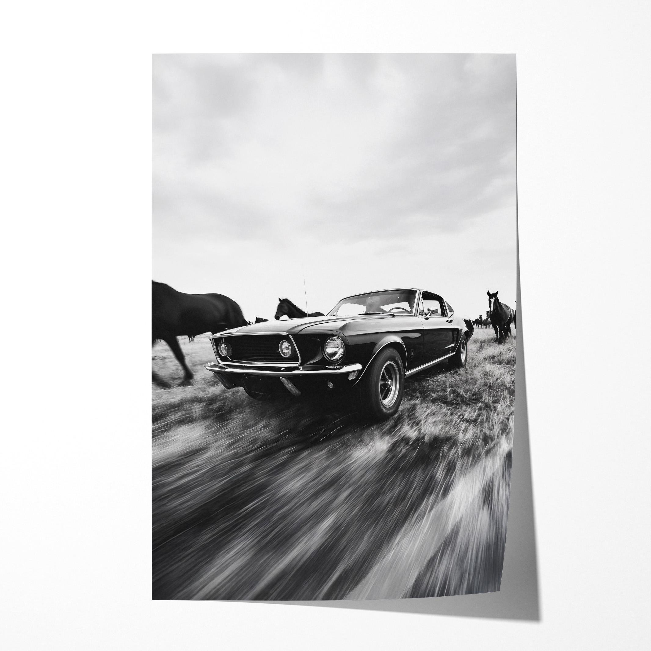 Classic Mustang & Running Horses Print – Black and White Muscle Car ...