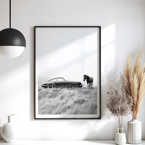 Vintage Porsche 911 and horse Print: Black and White Sports Car Photography Portrait
