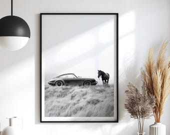 Vintage Porsche 911 and horse Print: Black and White Sports Car Photography