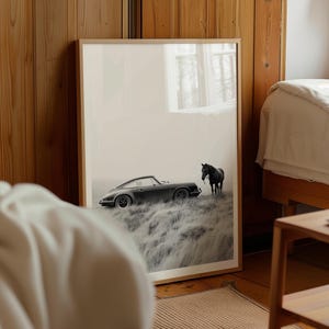 Vintage Porsche 911 and horse Print: Black and White Sports Car Photography Bild 7