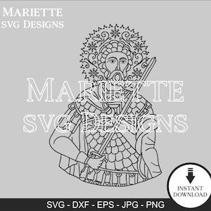 Puede incluir: Ilustración en blanco y negro de línea de un santo con armadura sosteniendo una espada. El santo tiene un halo con diseños florales. La imagen incluye el texto "MARIETTE SVG DESIGNS" y "INSTANT DOWNLOAD".