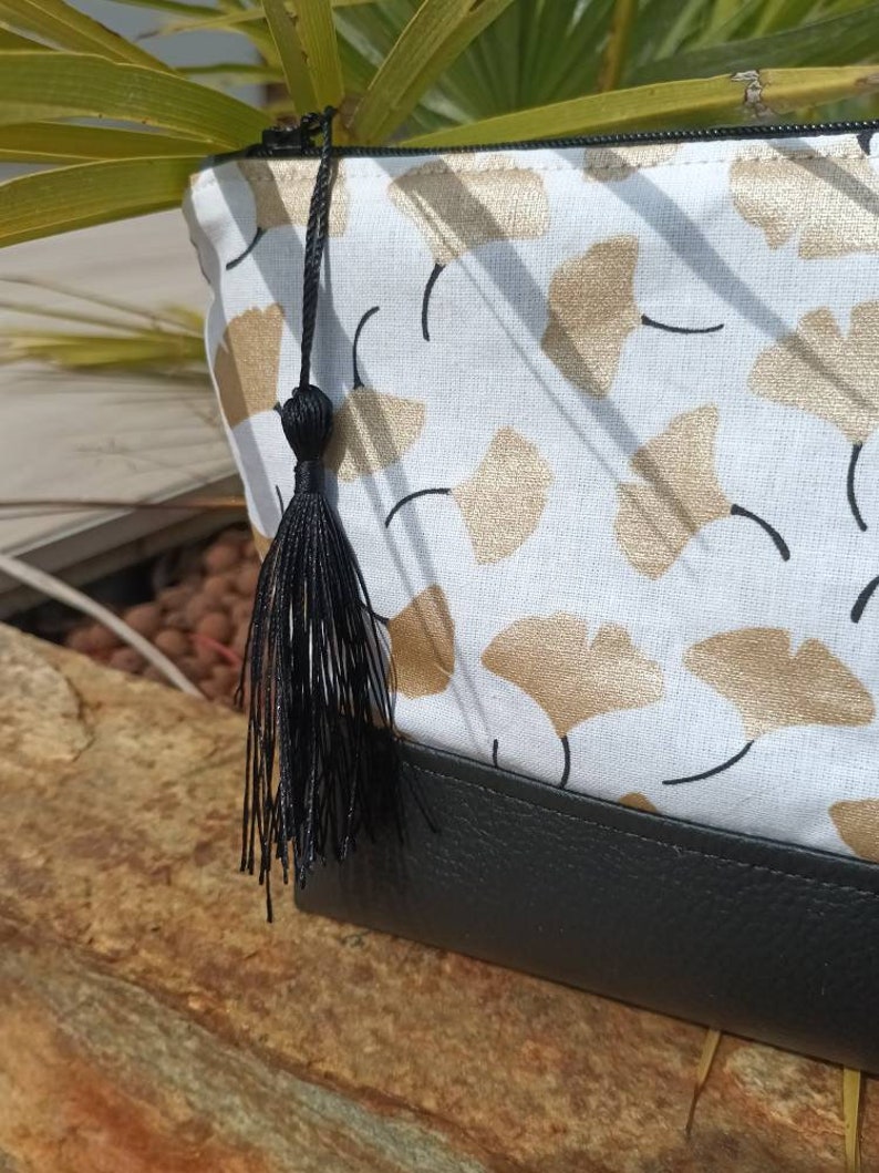 pencil case golden ginkgo biloba leaves and black vegan leather mother's day gift image 2