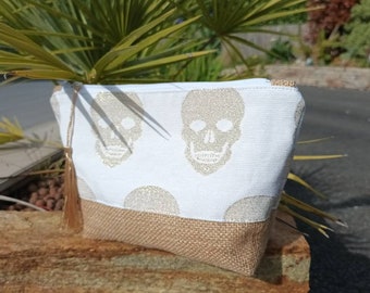 trousse coton blanc et tête de mort doré et toile de jute pailletée cadeau fête des mères