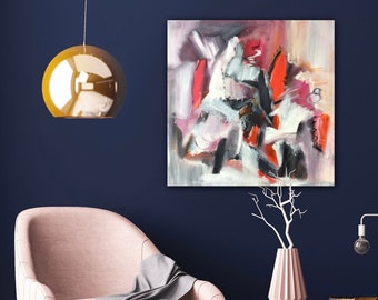 Large gray orange abstract picture colorful on canvas 60 x 60 cm, modern wall decoration strong color modern wall art, gift trend, unique piece