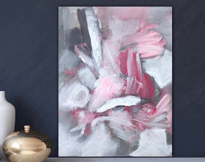 Modern art abstract original picture pink grey acrylic on canvas, young art decoration trend abstract painting 46 x 36 cm colorful pink, wall picture