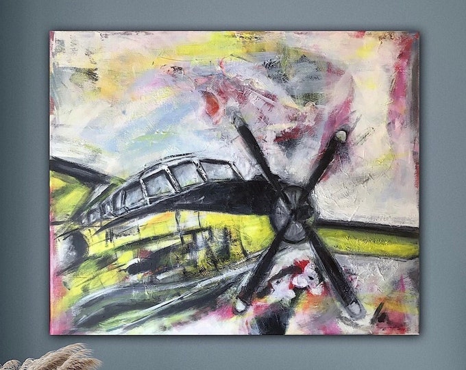 Biplane unique painting Antonow An-2 in acrylic on canvas semi abstract, original picture hand-painted 50 x 60 cm, colorful mural airplane